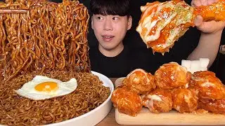 SUB) Korean instant black bean noodles&sweet chicken eating show, chapagetti&yangnyeom chicken asmr