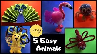 5 Easy Animal Crafts : Lion, Flamingo, Peacock, Spider and Dragonfly
