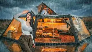 ☔️RAINY CAR CAMPING WITH A GIANT AWNING ROOM