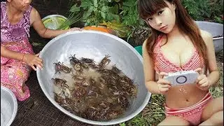 Village food factory -  beautiful girl cooked crabs  part 2