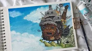 Painting Howl's Moving Castle with Gouache - Studio Ghibli