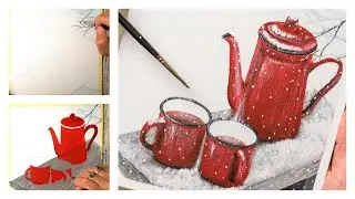 Step by step / Winter tea with Teapot for Couple / Acrylic painting -Homemade Illustration