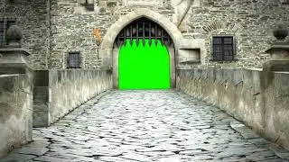 NO COPYRIGHT Green Screen - CASTLE DOOR WITH BURNING TORCH