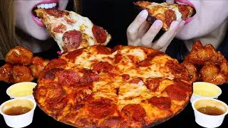 ASMR EATING EXTRA CHEESY PEPPERONI PIZZA, SPICY WINGS, SURPRISE ICE CREAM FOR DESSERT 먹방
