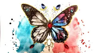 How to paint Easy Butterfly with WATERCOLOR &  GEMS  / Watercolor Butterfly Tutorial for Beginners🦋💫