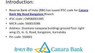 IFSC code for Canara Bank Mg Road Bangalore