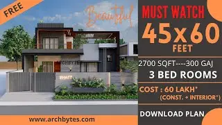 45x60 Feet House Design 3D: 3 Bedrooms| Single Storey| 2700 Sqft| 300 Gaj| Double Height | Archbytes