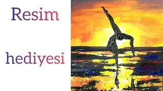 Deniz, gün  batımı, jimnastik  kız   / akrılık boya spatula  fırça  / karton
