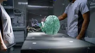 Surgeon and nurse in VR headsets. 3D graphics of human skeleton