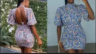 How to sew a trendy open back dress with a turtleneck and a puffy sleeve