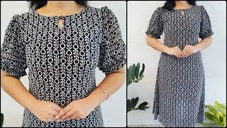 🔥ആർക്കും എളുപ്പത്തിൽ ചെയ്തെടുക്കാൻ പറ്റിയ simple Aline kurti with puff sleeve Cutting and stitching