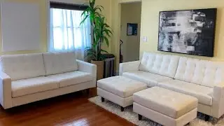 MODWAY EMPRESS MID-CENTURY MODERN WHITE LEATHER SOFA LOVESEAT OTTOMAN UNBOXING HOME FURNITURE REVIEW