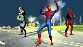 Герой звездных войн, Deadpool, Batman и Spiderman танцуют на прибрежной площади Североморска
