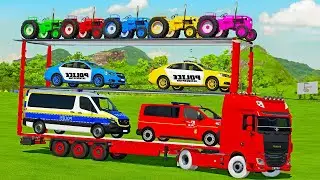 TRANSPORTING POLICE CARS, AMBULANCES, MERCEDES & MINI TRACTORS WITH DAF TRUCK - FS22