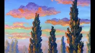 как рисовать деревья на закате с использованием акрила на холсте искусство  класс
