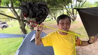 วิธีผูกเปลด้วยเงื่อนสิบล้อ(Trucker Hitch),  Whoopie Sling, ป้องกันน้ำฝนเข้าเปล คาราบิเนอร์ carabiner
