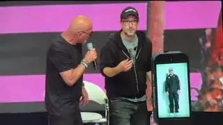 David Nussbaum, Howie Mandel, and Shira Lazar on stage at VeeCon 2024 demonstrating Proto A.I. tech