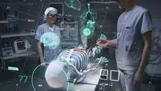 Surgeons in AR headsets using holographic display. AI technology in medicine.