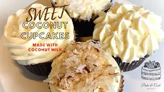 Sweet Coconut Cupcakes made with real coconut milk. Topped with cream cheese frosting.