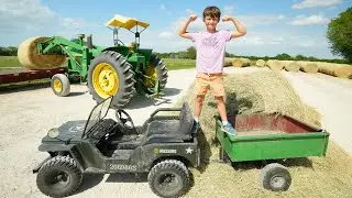 Hudson Drives a Real Tractor to Move Hay | Tractors for kids