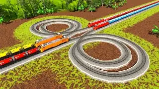 Four Freight Trains Crossing Twin Track at Double Loopings🚦Train Racing⚠️Trainz Simulator 2019