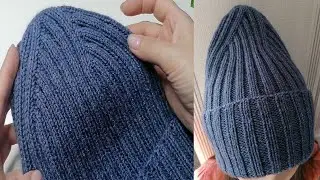 Простая шапка спицами резинкой 2х2 с красивой макушкой по диагонали