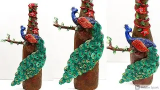 Peacock Bottle Art | Bottle Decoration Ideas | Peacock | Clay Art On Bottle