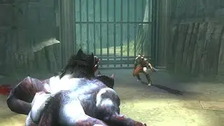 Kratos fights a blue dog (God of war 2)