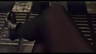 At a parking lot with a bus stop wearing black pantyhose