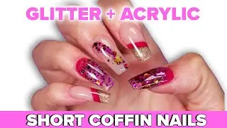 Pink, Gold & Brown Autumn Acrylic Nail Design - Colour Block Nail Art & Glitter Encapsulation