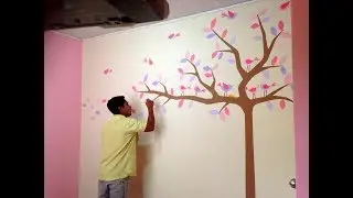 Como decorar cuarto para bebe recien nacido - Pintando mural de arbol con aves pincel