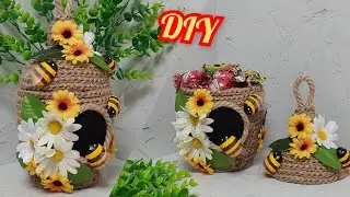 An amazing idea made of jute and a plastic bottle. Jute crafts