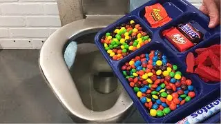 Lunchtray of CANDY Vs Prison Toilet - Will it Flush? - M&Ms, Skittles, Mentos, KitKat, Reeses