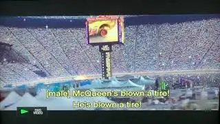 Chief Chick: McQueen's blown a tire! McQueen's blown a tire! Go, go, go, go, go!