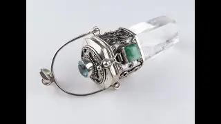 Sterling Silver Blue Topaz Jade Gemstone Clear Quartz Locket Pendant BGP_1078J