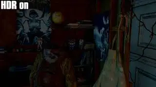 The Last of Us part 2 footage saved with HDR off VS HDR on. Sam's toy robot on shelf.