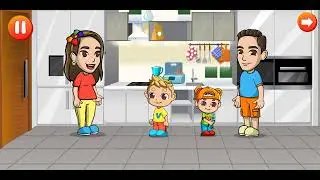 Polina playing cooking with toy Kitchen. Funny breakfast with baby dolls