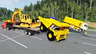 Construction Cars Move to the Flatbed Trailer-Beamng Drive