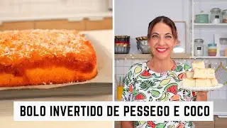 Bolo invertido de pêssego e coco