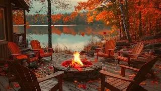 Autumn Lakeside Porch with Fire Pit - Crackling Fire and Rustling Leaves for Relaxation and Sleep