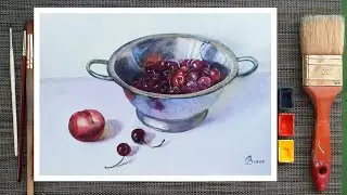 Уроки рисования. Как рисовать акварелью. Натюрморт с черешней и персиком.