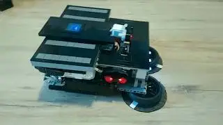 Lego creation: A  housekeeper robot plays with the cat. Lego ev3 mindstorms