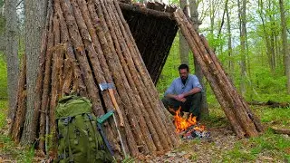 Solo Bushcraft Camping Overnight | Open A-Frame, Natural Shelter For Campfire Cooking