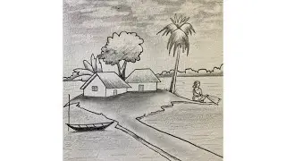 Simple and easy village scenery drawing with pencil