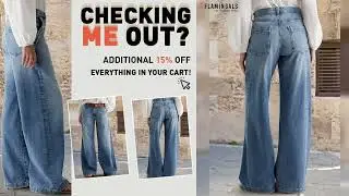 【Flamingals】Wash Stitch Decor Wide Leg Mid Rise Jeans Without Belt#ootd #fashionstyle #jeanslovers