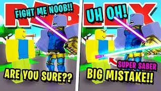 NOOB DISGUISE TROLLING!! NOOB VS THANOS USING BEST SWORD IN ROBLOX SABER SIMULATOR!!