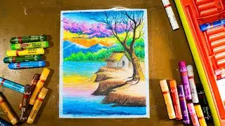How to draw scenery of River side Village || Simple Village Scenery Drawing with oil pastel #scenery