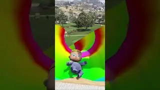 Slide down the slide and jump into the pool 