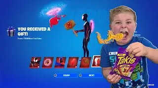 GIFTING My 7 Year Old Kid MILES MORALES Fortnite Bundle Only if He Eats Bag Of Spicy Takis Challenge
