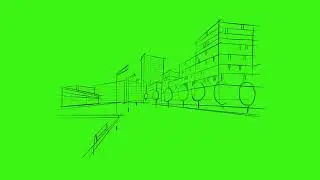 Green Screen-Abstract green building, street animation background. Chroma Key, Stocks. 5